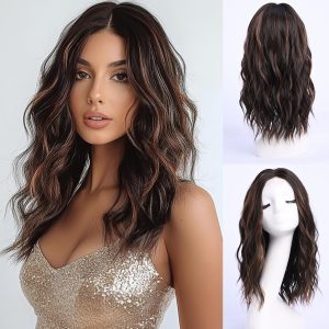 Dark Brown Wig with Highlight Medium Length Wigs for Women Middle Part Synthetic Hair Wigs Mixed Wavy Highlights Natural Hair for Daily Party Halloween Colourful Wig Highlighted(16 inch)