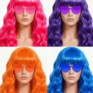 Long Curly Wig with Heart Sunglasses and Hair Cap – Set of 4 | Colorful Colored Party Wigs Funny Costume Hairpieces for Cosplay