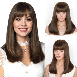 6x4 Lace Brown Bob Human Hair Wig with Bangs human hair wigs for white women Layered Lace Front Closure Curtain Bangs Wear and Go Glueless 100% Real Human Hair Wigs for White Women 16 Inch