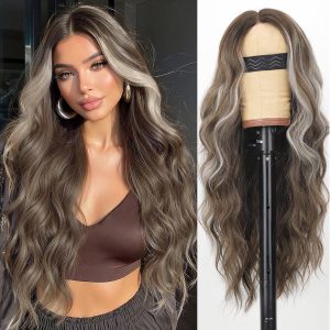 AISI HAIR Ombre Brown Highlight Platinum Blonde Wig for Women, Long Wavy Lace Hairline Middle Part Synthetic Heat Resistant Wig for Daily Party-26 Inch