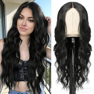 ShowCoco Black Wig for Women 26 Inch Pre Cut Hand-Tied Lace Long Wavy Natural Hairline Middle Part Hair Replacement Wigs for Women Beginners Natural Synthetic Wig for Daily Party 3 Seconds to Wear