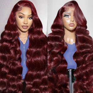 99j Burgundy 13x6 Body Wave Lace Front Wigs Human Hair 200% Density Glueless HD Transparent Lace Frontal Wigs Human Hair Pre Plucked With Baby Hair Burgundy Wine Red Wigs For Women 38 Inch