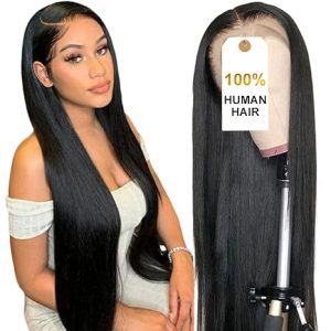 CUTE BEIN 13x6 30 Inch Lace Front Wig,100% Human Hair, [2-Year Life],Skinlike HD 200% Density, Straight Lace Frontal Wigs Human Hair Pre Plucked, Natural Color with Baby Hair