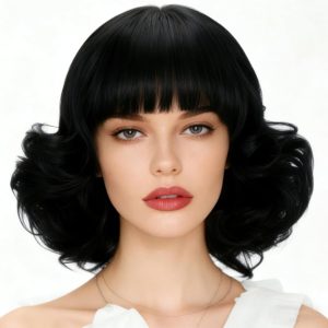 Svolna Black Short Bob Wig with Bangs for Women Synthetic Curly Natural Hair Wigs for Costume Cosplay Daily Use (Black)
