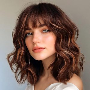 Bob Wavy Wigs for Women Reddish Caramel Brown Short Curly Hair Wig with Bangs Shoulder Length Style Synthetic Realistic Heat Resistant Wig for Everyday Hairstyle 16 Inch