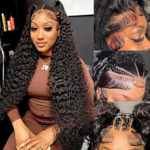 MISSJAY Deep Wave Lace Front Wig Human Hair 34 Inch 13x6 Lace Front Wigs Brazilian Virgin Hair 180% Density Deep Curly Wig Pre Plucked Natural Color for Black Women No Tangle No Shedding