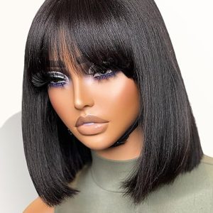 LUVME HAIR 10 Inch Light Yaki Straight Bob Wig with Bangs Human Hair Protective Wig Realistic HD Lace Short Black Bob Wigs, Ready to Go Blunt Cut Bob Wig Glueless 180 Density
