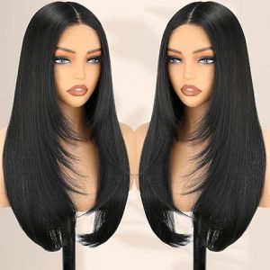 NOSTALGIA Black Wear and Go Glueless Wigs Straight Lace Front Wig Pre Cut Glueless Synthetic Layered Wig 24 Inch Middle Part Closure Wig For Women
